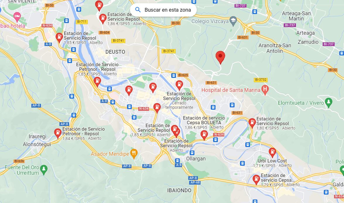 Precio de las distintas gasolineras en Bizkaia.