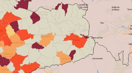 Mapa de la incidencia del Coronavirus en la comarca del Campo de Peñafiel a 14 días vista, según el Servicio de Epidemiología de la Junta de Castilla y León.