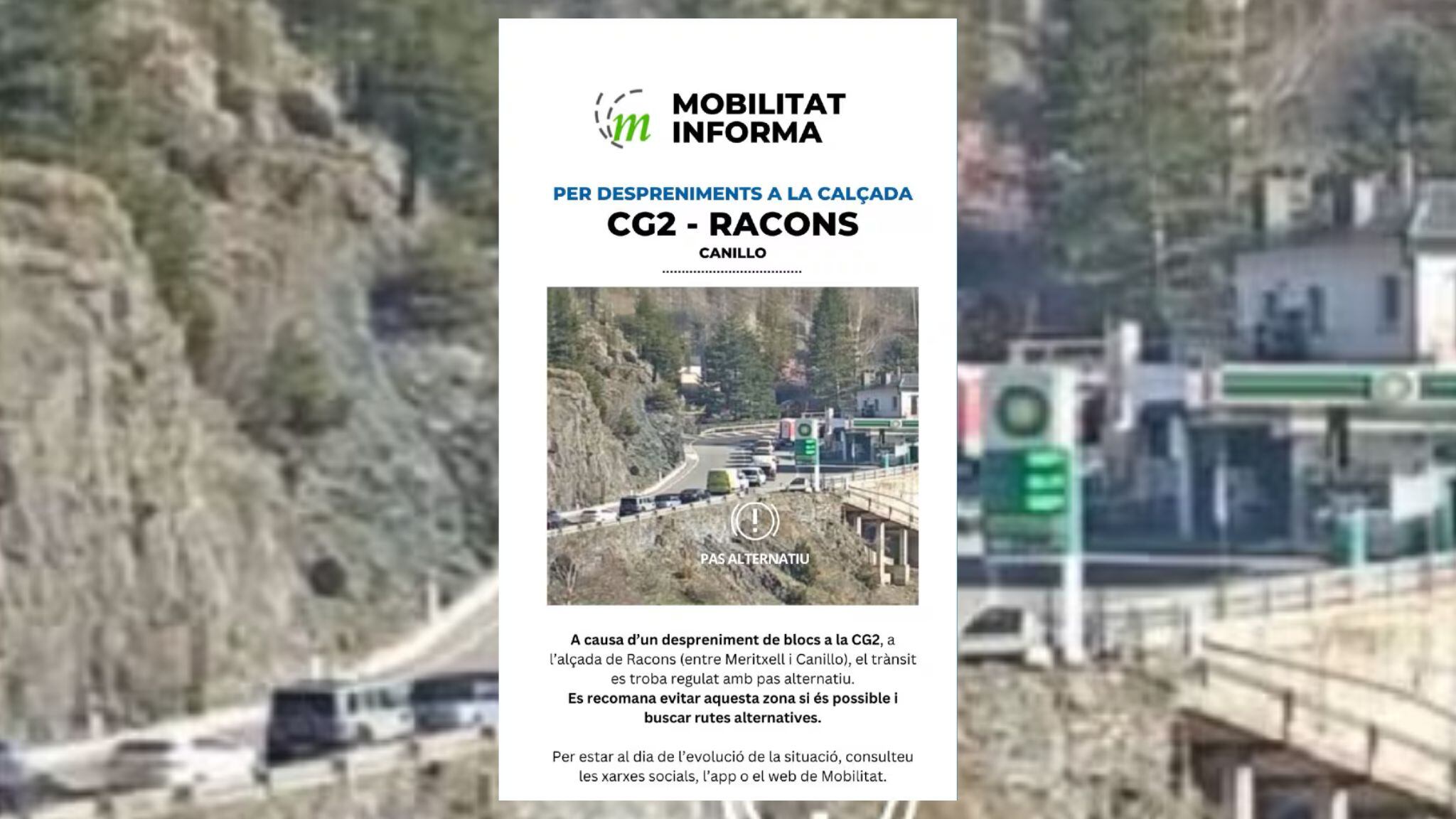 Avís de Mobilitat del tall a la carretera de Racons per un despreniment de roques