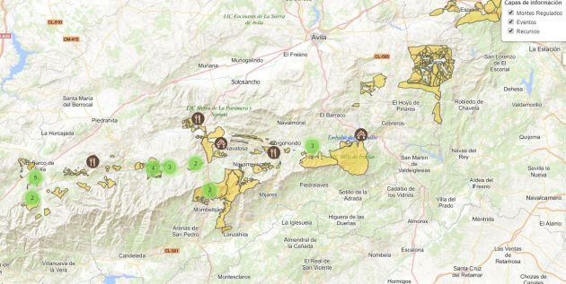 Mapa de los montes regulados en la provincia de Ávila