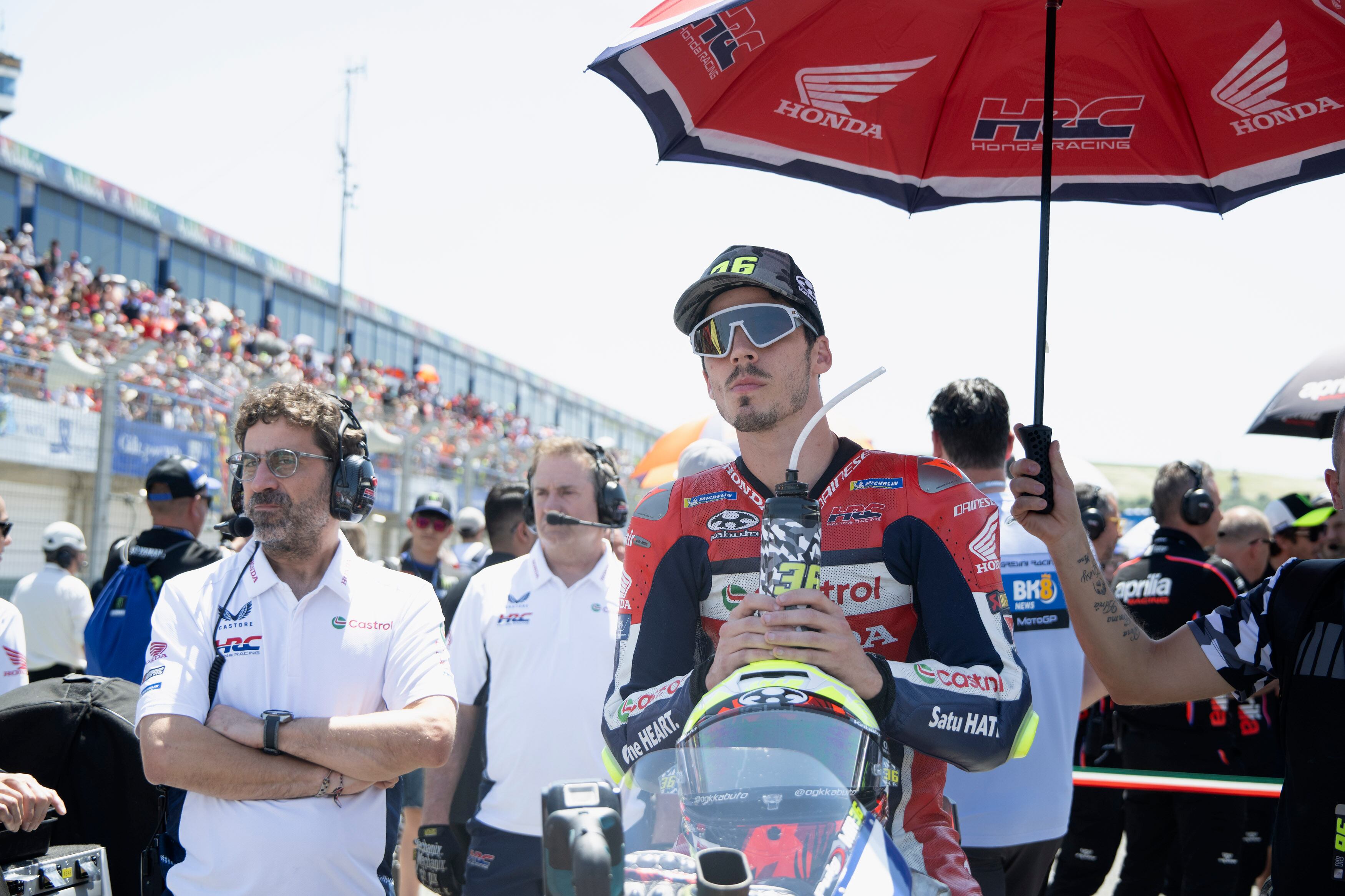 JEREZ DE LA FRONTERA, SPAIN - APRIL 27: Joan Mir of Spain and Honda HRC Castrol prepares to start on the grid during the MotoGP race during the MotoGP Of Spain - Race at Circuito de Jerez on April 27, 2025 in Jerez de la Frontera, Spain. (Photo by Mirco Lazzari gp/Getty Images)