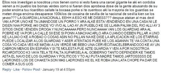 Comentario de un de los investigados por injurias a la Guardia Civil.