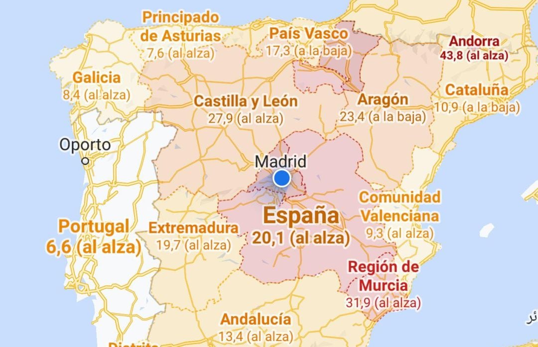 Mapa de la incidencia de la COVID-19 en España.