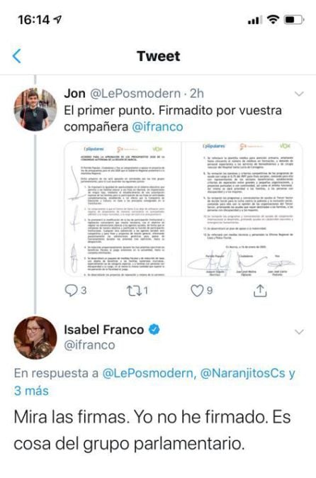 Imagen de la respuesta de Isabel Franco en forma de tuit en la que se desmarca de su partido sobre la implantación del denominado &#039;pin parental&#039;