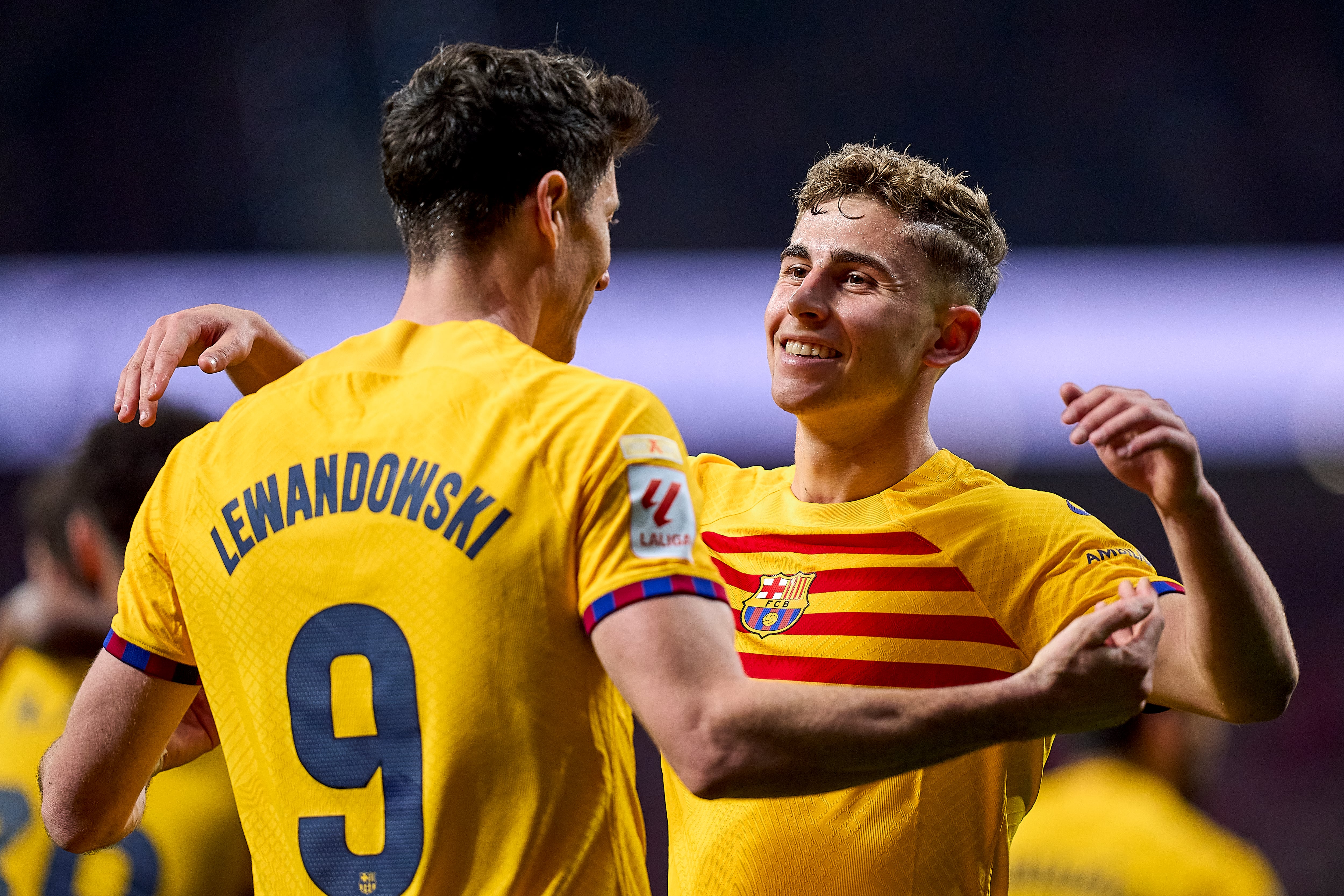 MADRID, SPAIN - MARCH 17: Fermin Lopez of FC Barcelona celebrates after scoring his team&#039;s third goal with teammate Robert Lewandowski during the LaLiga EA Sports match between Atletico Madrid and FC Barcelona at Civitas Metropolitano Stadium on March 17, 2024 in Madrid, Spain. (Photo by Diego Souto/Getty Images)