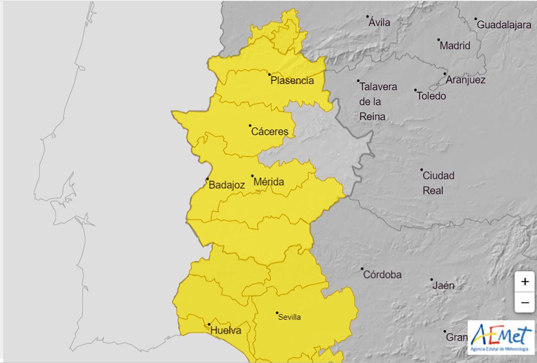 Mapa de la AEMET en la que indica las zonas afectadas por Alerta Amarilla por lluvias en la jornada de hoy