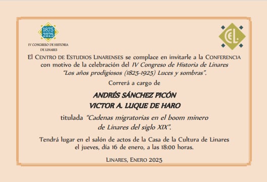 Invitación de la primera conferencia enmarcada en la programación del IV Congreso de Historia de Linares