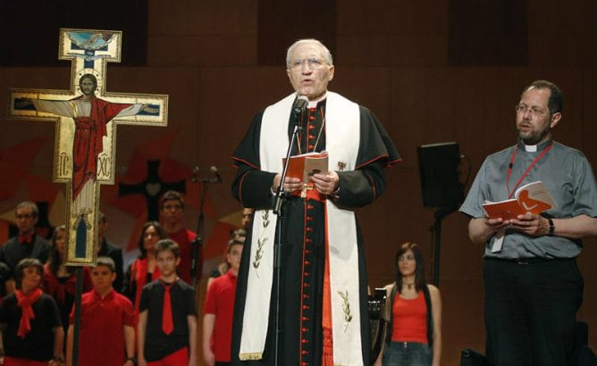 El presidente de la Conferencia Episcopal Española, cardenal Antonio María Rouco, el pasado doce de mayo durante la inauguración de la Jornada Joven de la Nueva Evangelización en la que participan cientos de instituciones y organizaciones de la Iglesia y que se celebra en el Palacio Municipal de Congresos de Madrid