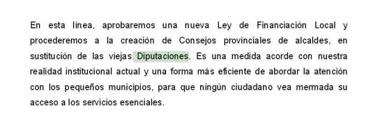 Parte del discurso de Sánchez que mencionaba la supresión de las diputaciones y que el socialista ha eludido mencionar en su intervención