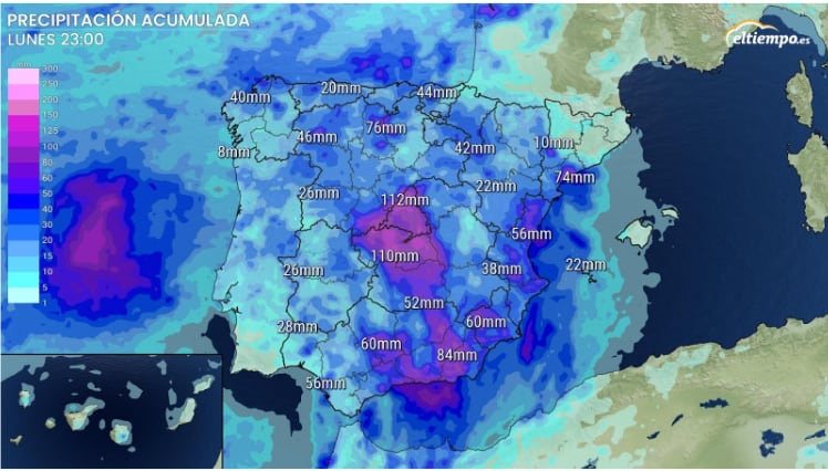 Precipitaciones acumuladas durante la DANA en España.