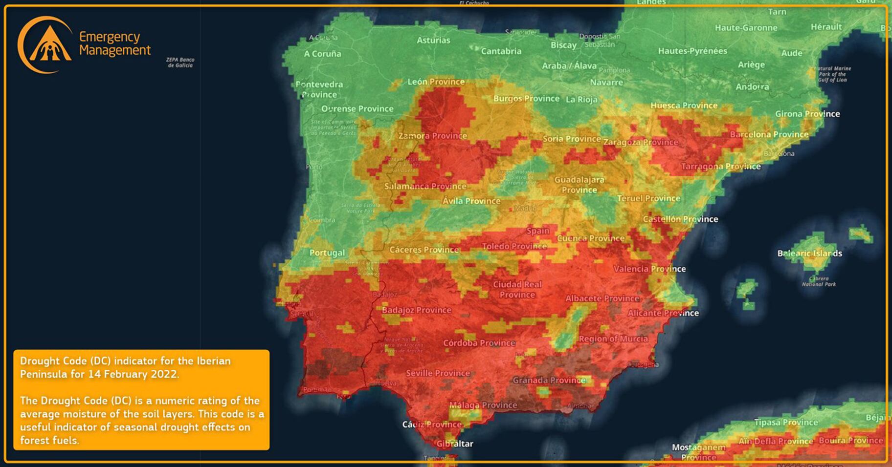 Imagen actual del sat�lite Copernicus, en el que se observa, seg�n los expertos, que para muchas �reas del oeste y sur de Castilla y Le�n el fuerte episodio de sequ�a ha generado un peligro de propagaci�n de incendios significativo