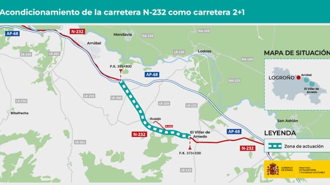 El Ministerio de Transportes proyecto un carril 2+1 en la N-232 en el tramo entre Arrúbal y El Villar de Arnedo.
