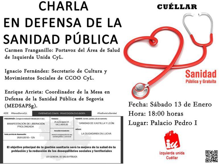 Cartel de la charla sobre la defensa de la Sanidad Pública organizada en Cuéllar