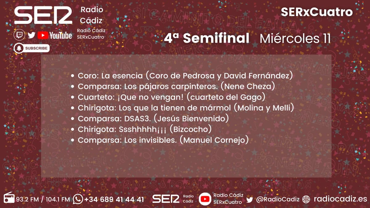 Quién canta hoy en el COAC 2026: orden de actuación de la cuarta y última sesión de Semifinales del Carnaval de Cádiz