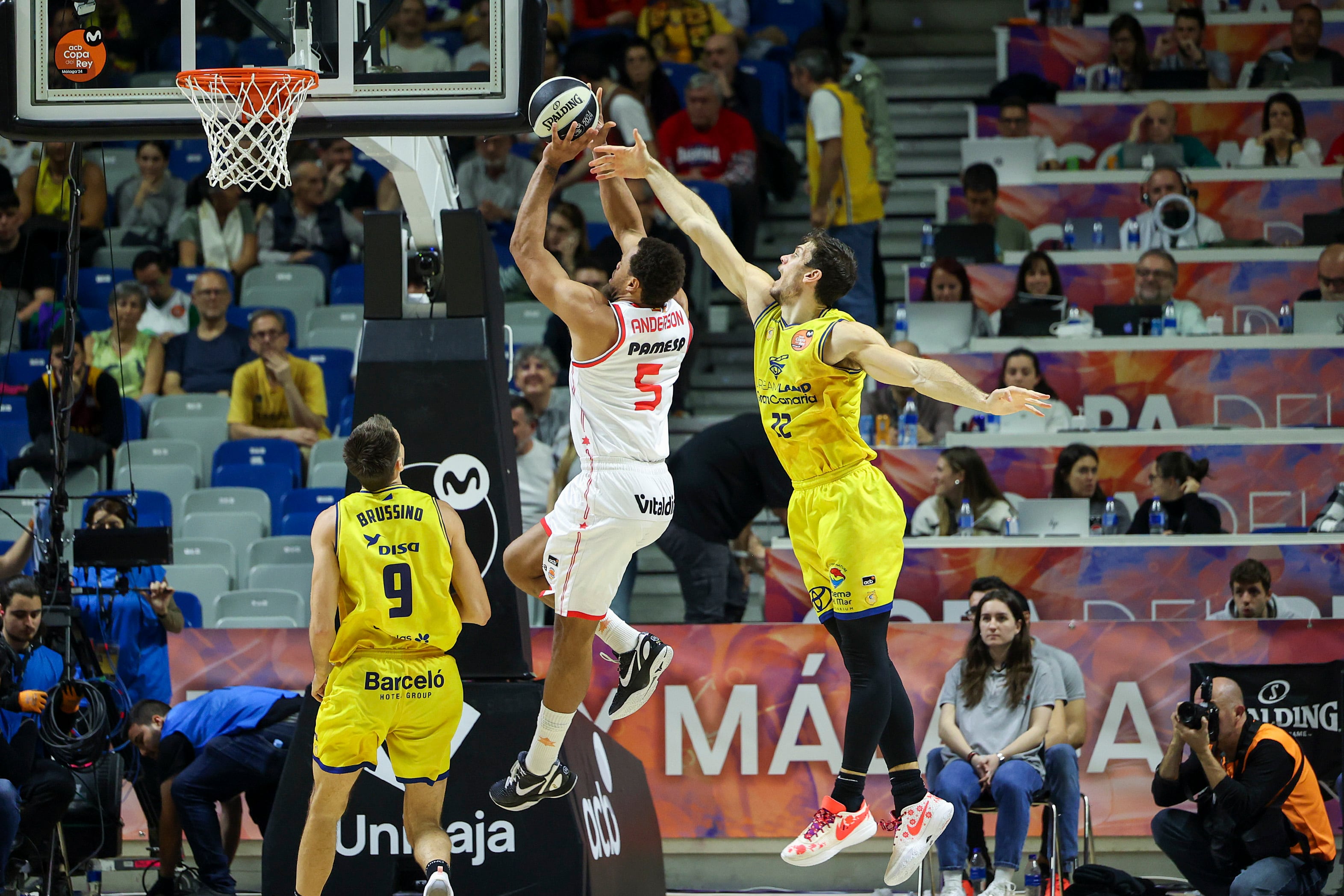 MÁLAGA, 15/02/2024 .- El ala-pívot de Dreamland Gran Canaria Ethan Happ (d) lucha con Justin Anderson (c), del Valencia Basket, durante el segundo partido de cuartos de final de Copa del Rey que enfrenta a Dreamland Gran Canaria y Valencia Basket este jueves en el pabellón Martín Carpena, en Málaga. EFE/Daniel Pérez
