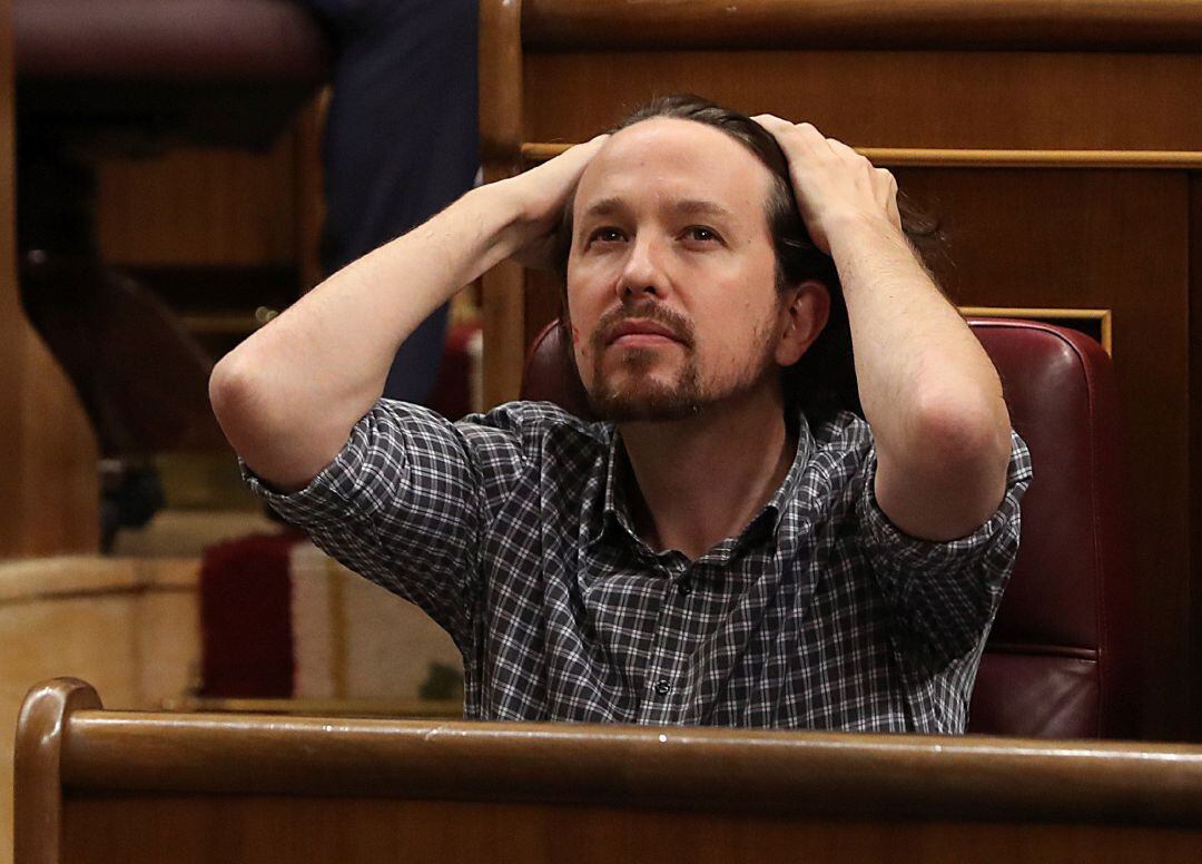 El líder de Unidas Podemos, Pablo Iglesias, durante la primera jornada del debate de investidura.