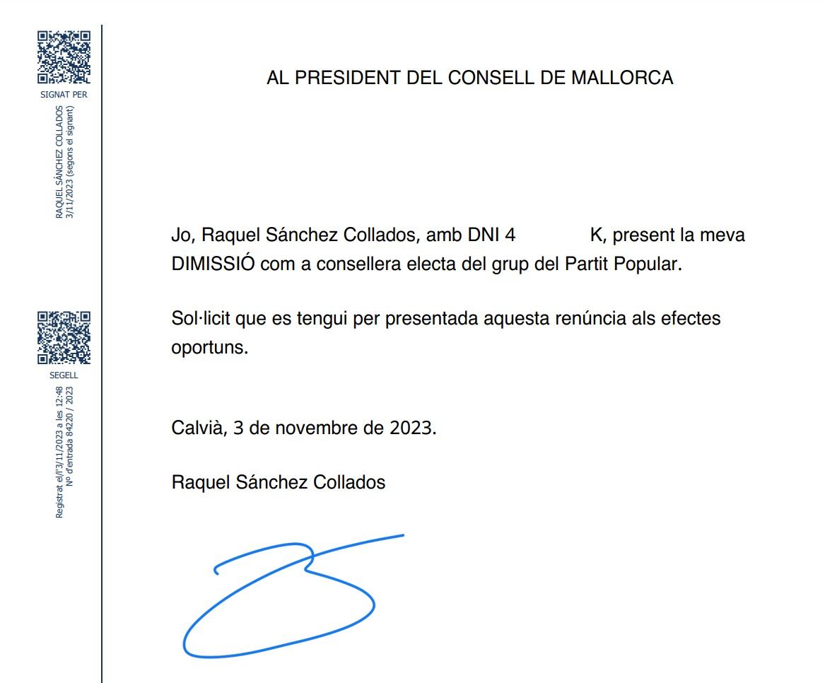 Imagen del escrito de dimisión presentado por Raquel Sánchez