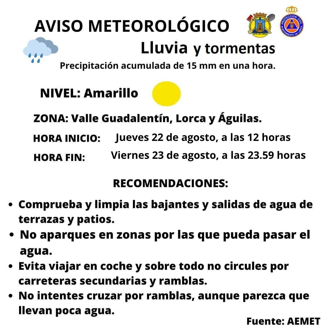 La Agencia Estatal de Meteorología activa el aviso amarillo por lluvias y tormentas en Lorca