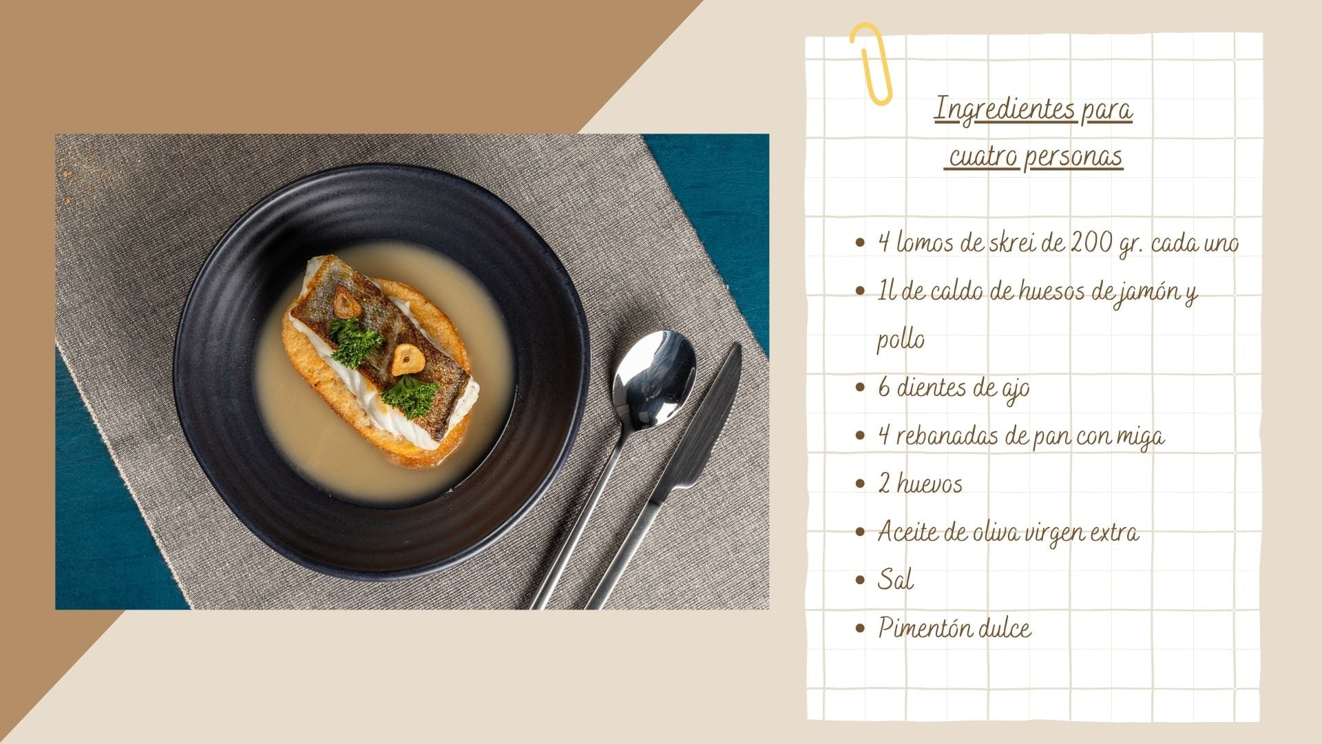 Receta de sopa de ajo con torrija y skrei.