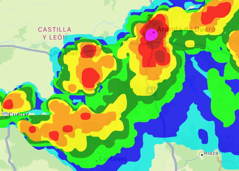 La tormenta tuvo su gran impacto en Aranda, de color morado