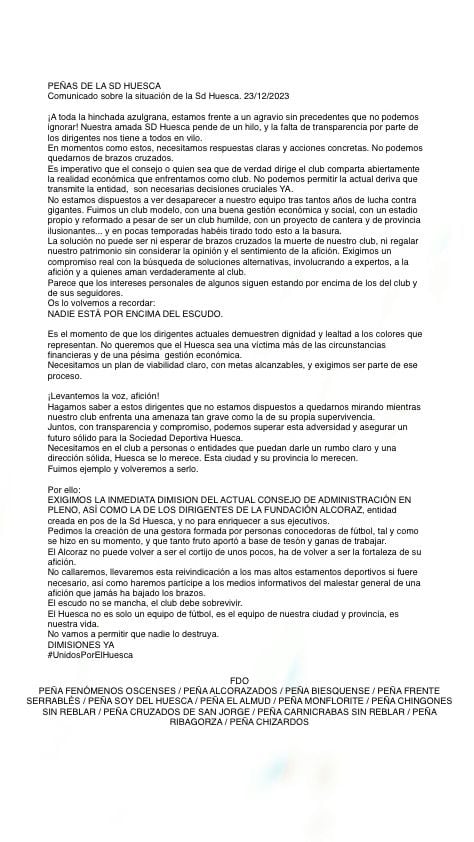 Comunicado de las 12 peñas de la SD Huesca