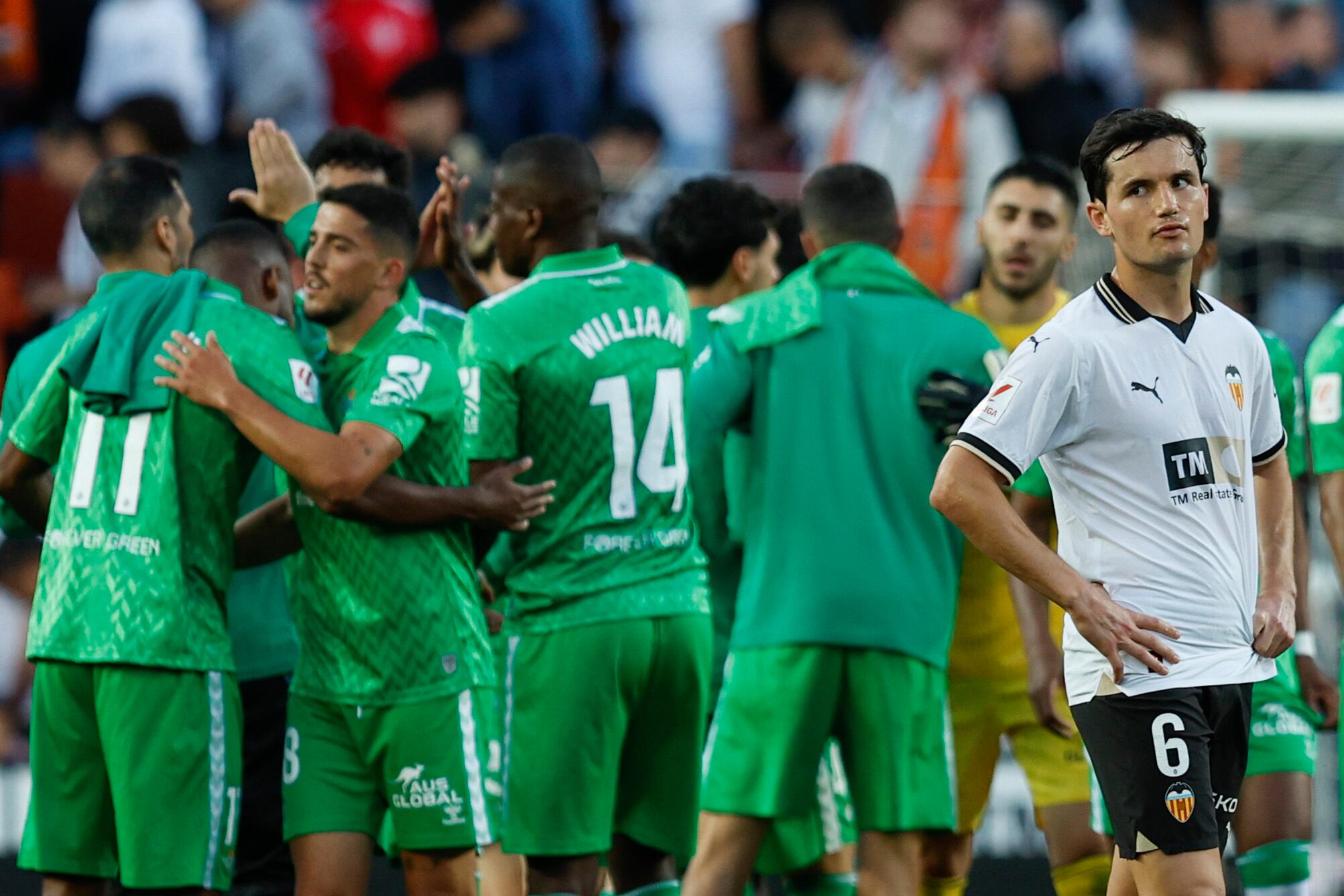 VALENCIA, 20/04/2024.- Los jugadores del Betis celebran la victoria ante la decepción del jugador del Valencia Hugo Guillamón (dcha), tras el partido de la jornada 32 de LaLiga EA Sports entre el Valencia CF y el Real Betis, disputado hoy sábado en el estadio de Mestalla de Valencia. EFE/Biel Aliño
