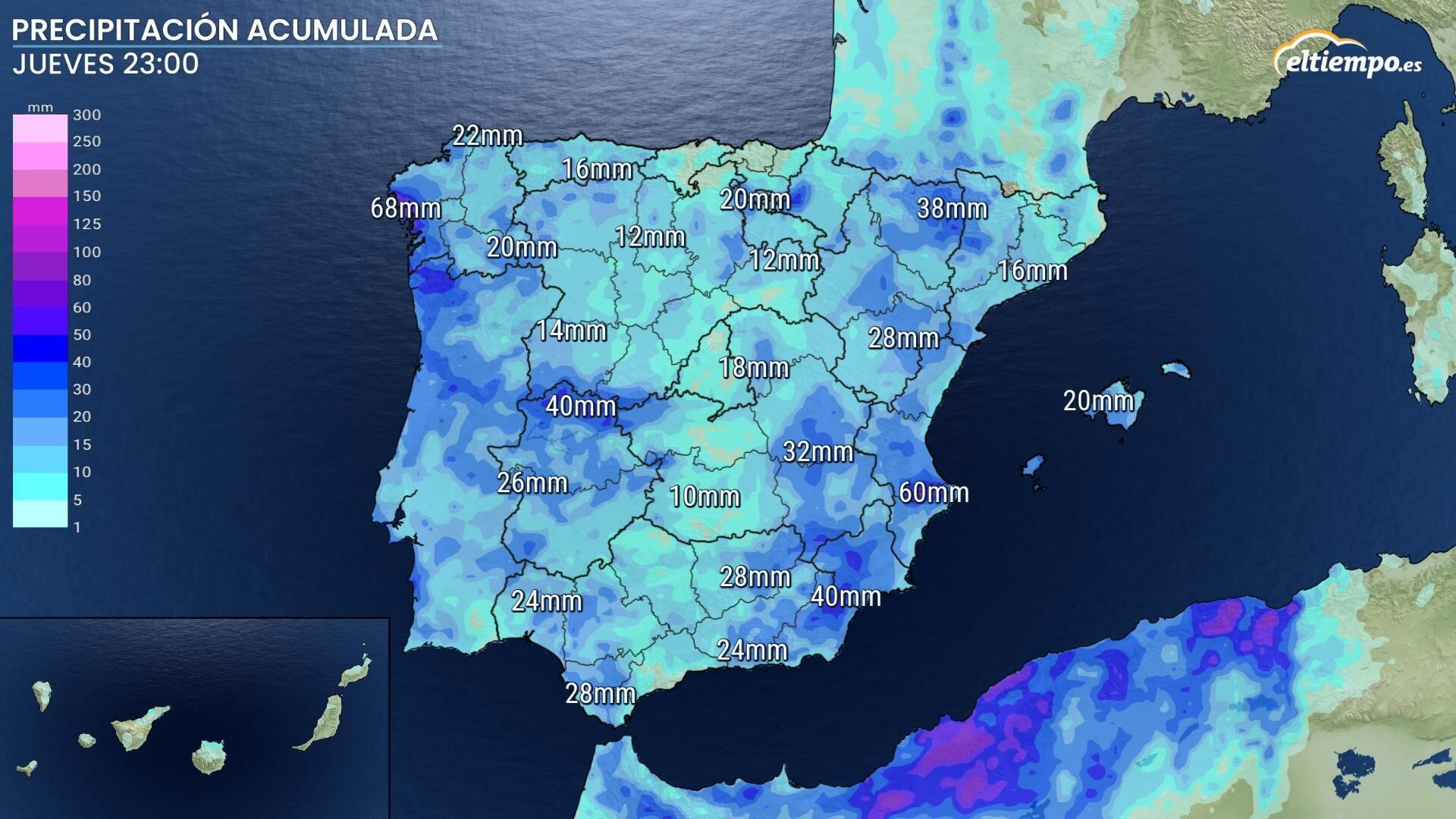 Mapa de precipitación acumulada prevista para el Jueves Santo.