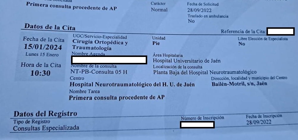 Una cita para el traumatólogo, en el complejo hospitalario de Jaén, para inicios del 2024