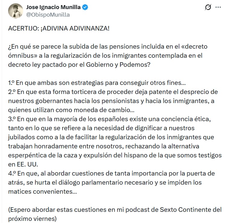 Mensaje en la red social X del obispo de Orihuela-Alicante, José Ignacio Munilla