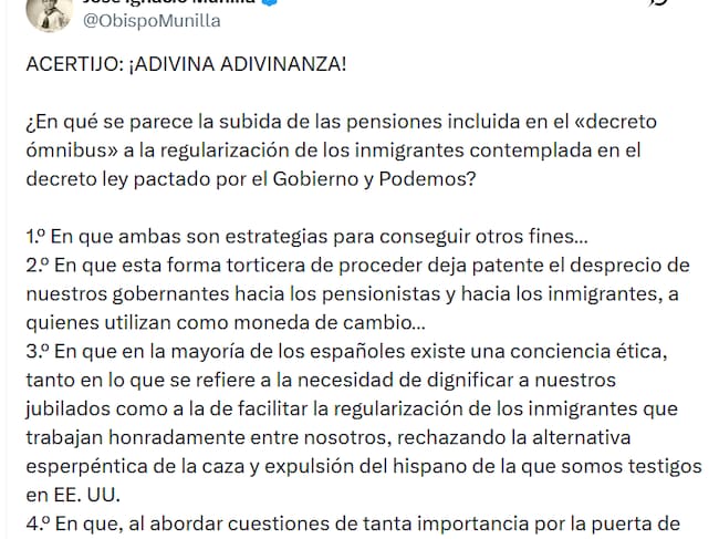 Mensaje en la red social X del obispo de Orihuela-Alicante, José Ignacio Munilla