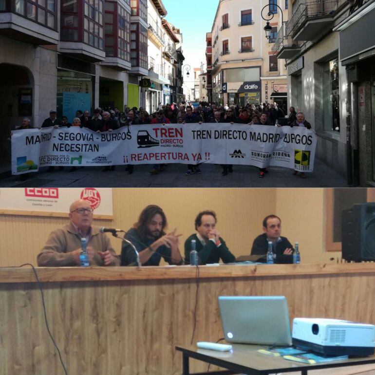 Continúan los actos en Aranda a favor del Directo: arriba una nueva manifestación sabatina. Abajo charla del diputado de Podemos Miguel Vila (segundo izda) y el doctor ingeniero de Caminos Sergio Ibáñez (tercero izda)