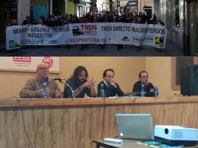 Continúan los actos en Aranda a favor del Directo: arriba una nueva manifestación sabatina. Abajo charla del diputado de Podemos Miguel Vila (segundo izda) y el doctor ingeniero de Caminos Sergio Ibáñez (tercero izda)