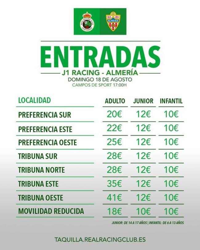 Tabla de precios de las entradas del Racing - Almería