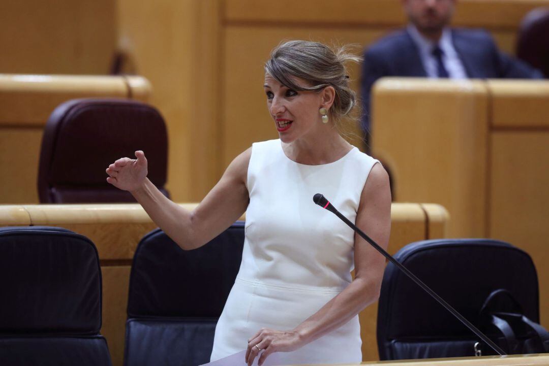 La ministra de Trabajo, Yolanda Díaz, durante la sesión del control al Gobierno celebrada este martes en el Senado.