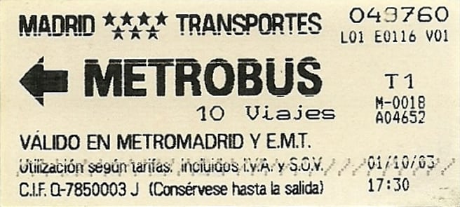 Metrobus de 10 viajes, coste 9,30 euros