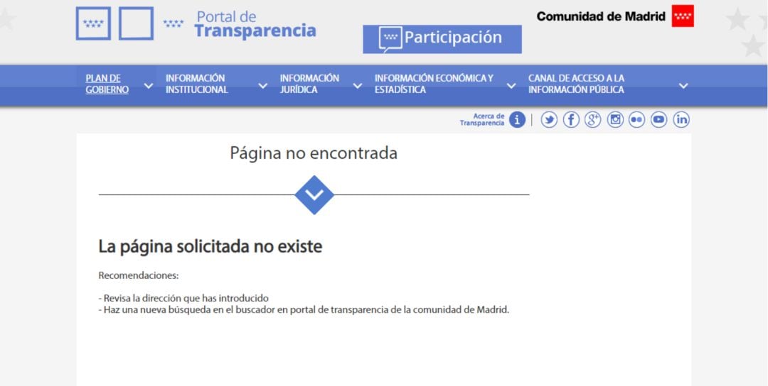 Captura de pantalla de la web inexistente del Observatorio Regional de la Violencia de Género en el portal de Transparencia