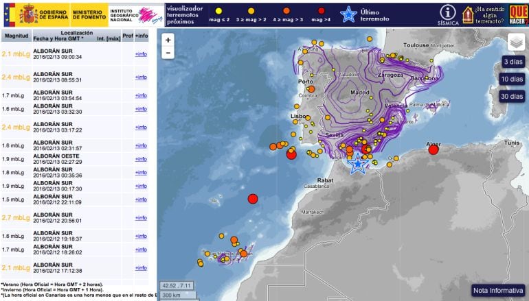 Mapa de los terremotos registrados en los últimos 30 días. Instituto Geográfico Nacional