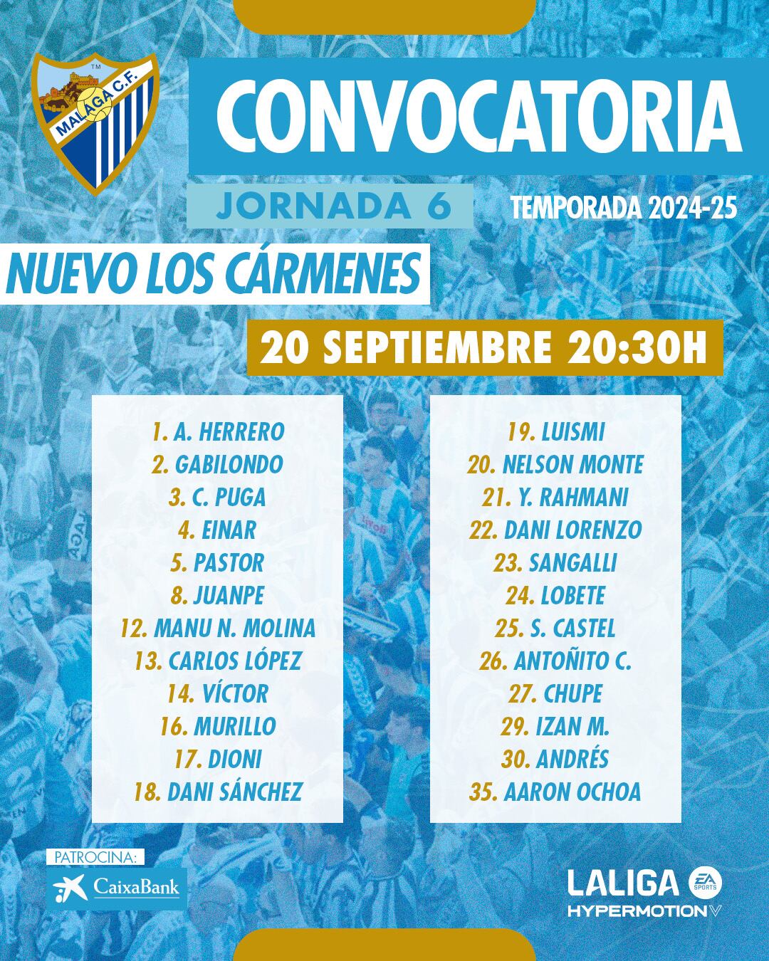 La convocatoria del Málaga para el partido de este viernes contra el Granada