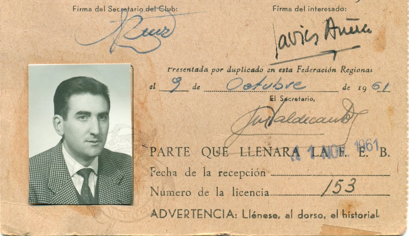 Ficha de Xabier Añua en 1961.