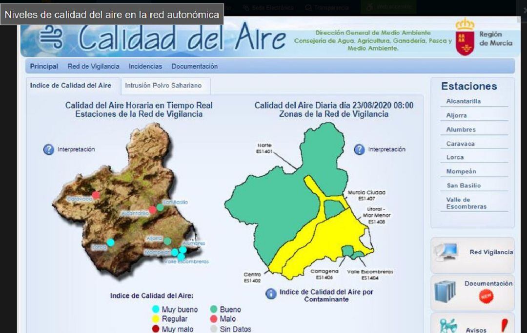 Imagen de la página web que informa de la calidad del aire