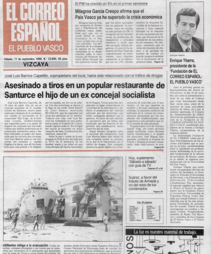 Portada de &#039;El Correo&#039; el 17 de septiembre de 1988.