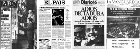 Portadas de &#039;ABC&#039;, &#039;El País&#039;, &#039;Diario 16&#039; y &#039;La Vanguardia&#039;, del 19 de noviembre de 1976, un día después del fin del Pleno de la Reforma Política.