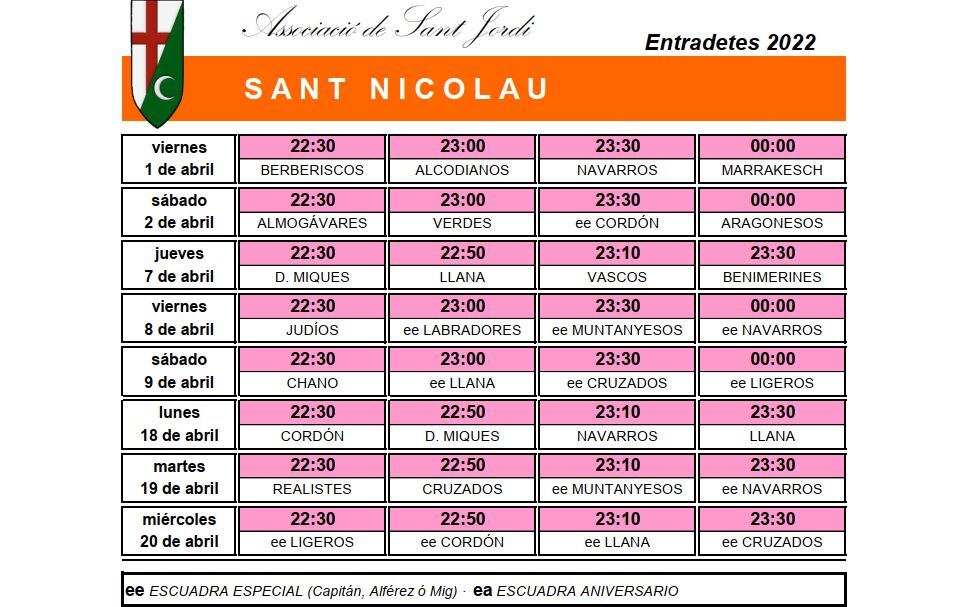 Horario de les &quot;entradetes&quot; por San Nicolás.