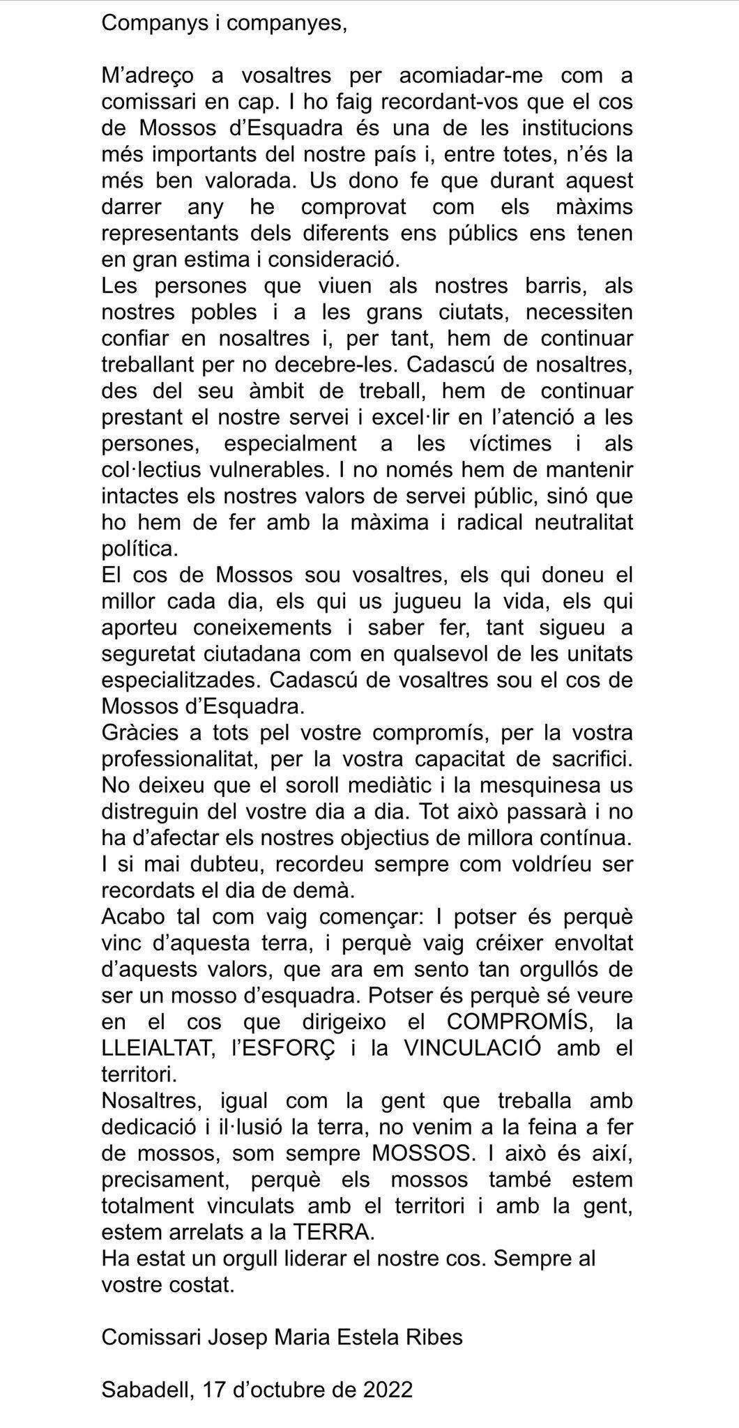 Carta de comiat de Josep M. Estela