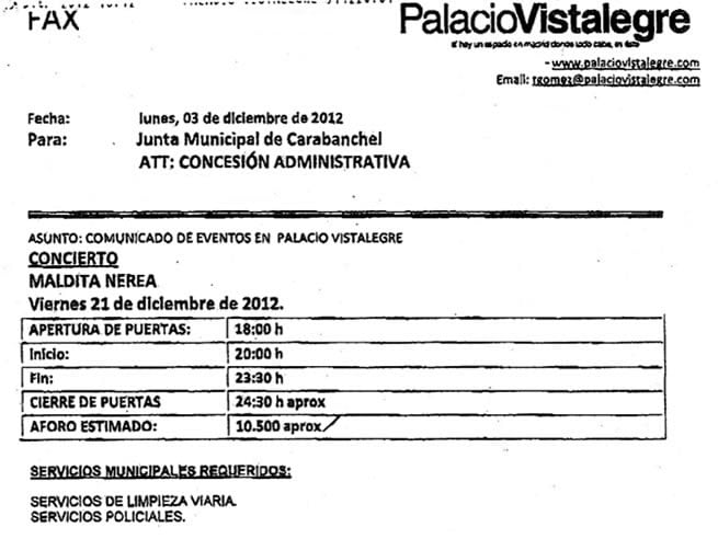 Petición de la empresa PALUMI realizada a través de la gerente de Distrito de Carabanchel en la que se recoge el aforo aproximado de 10.500 personas para el concierto.