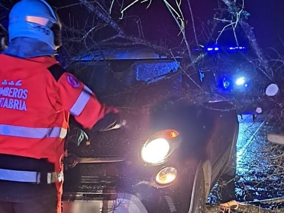 Bomberos del 112 retiran un árbol caído sobre un vehículo en la CA-131 en Ruiloba.