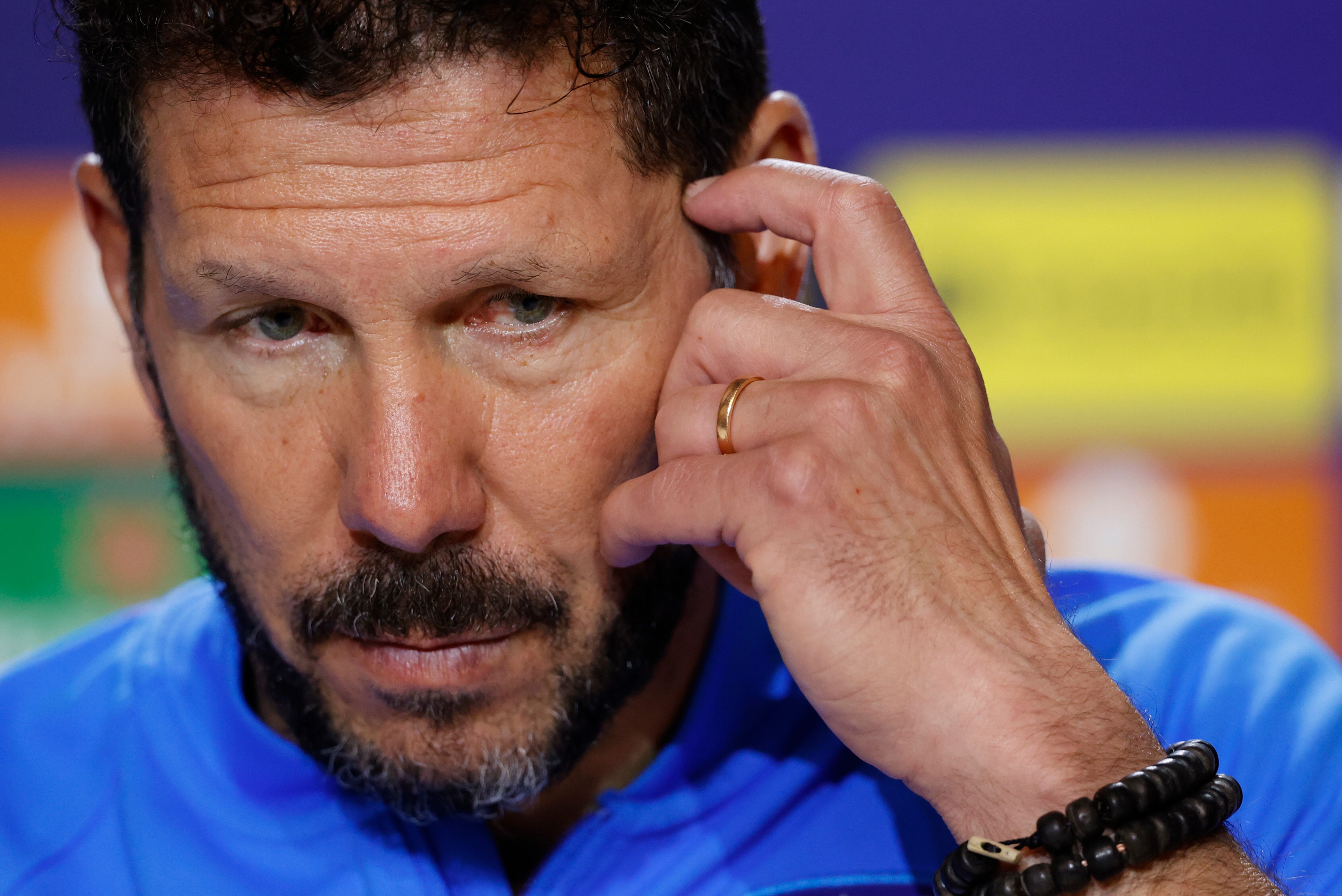 Simeone, antes de una rueda de prensa de la presente temporada.