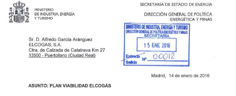 Parte del documento remitido desde la Secretaría de Estado de Energía a la dirección de Elcogás