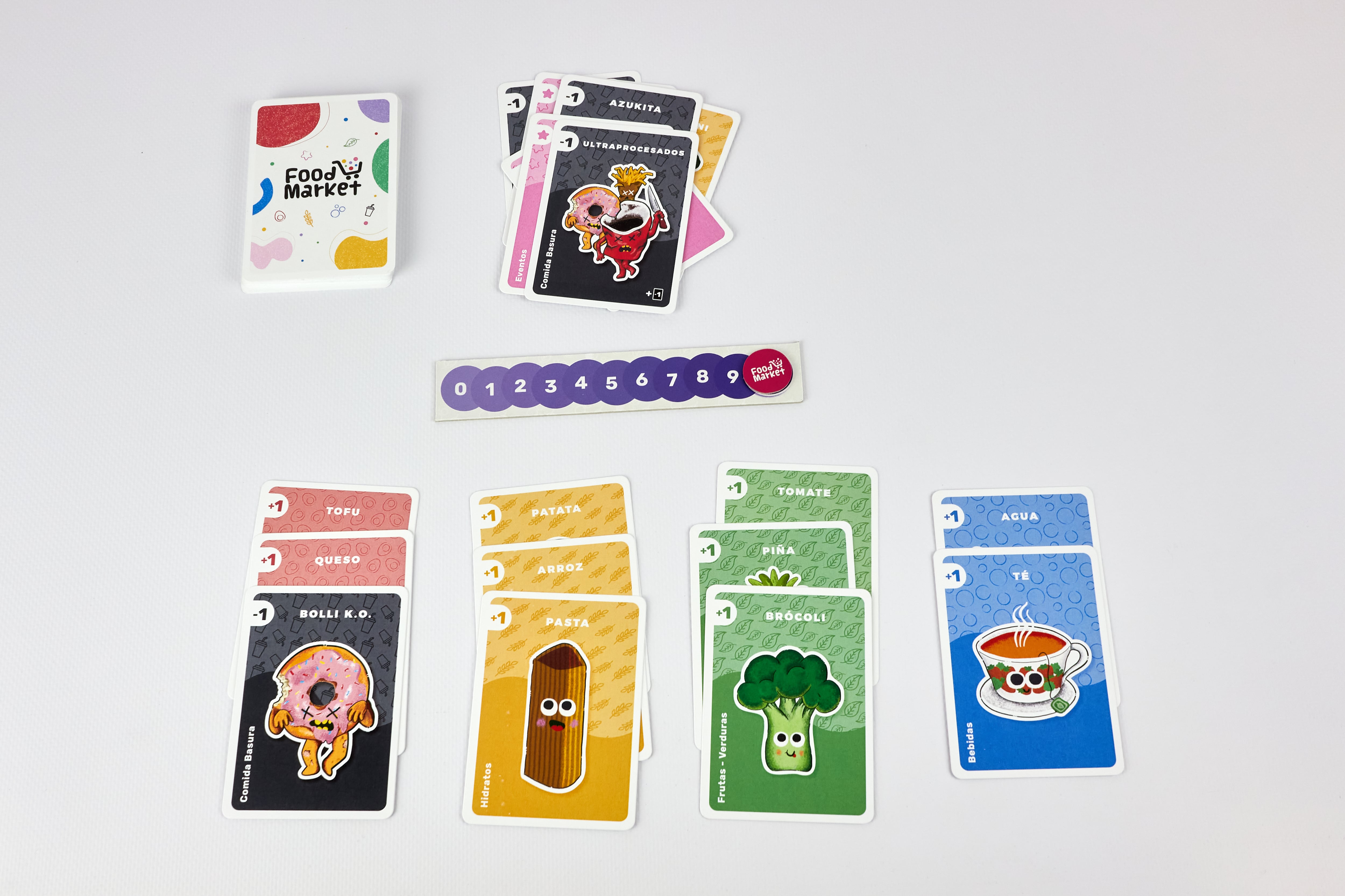 Simulación de una partida de &#039;Food Market&#039; con las cartas en el mostrador del jugador