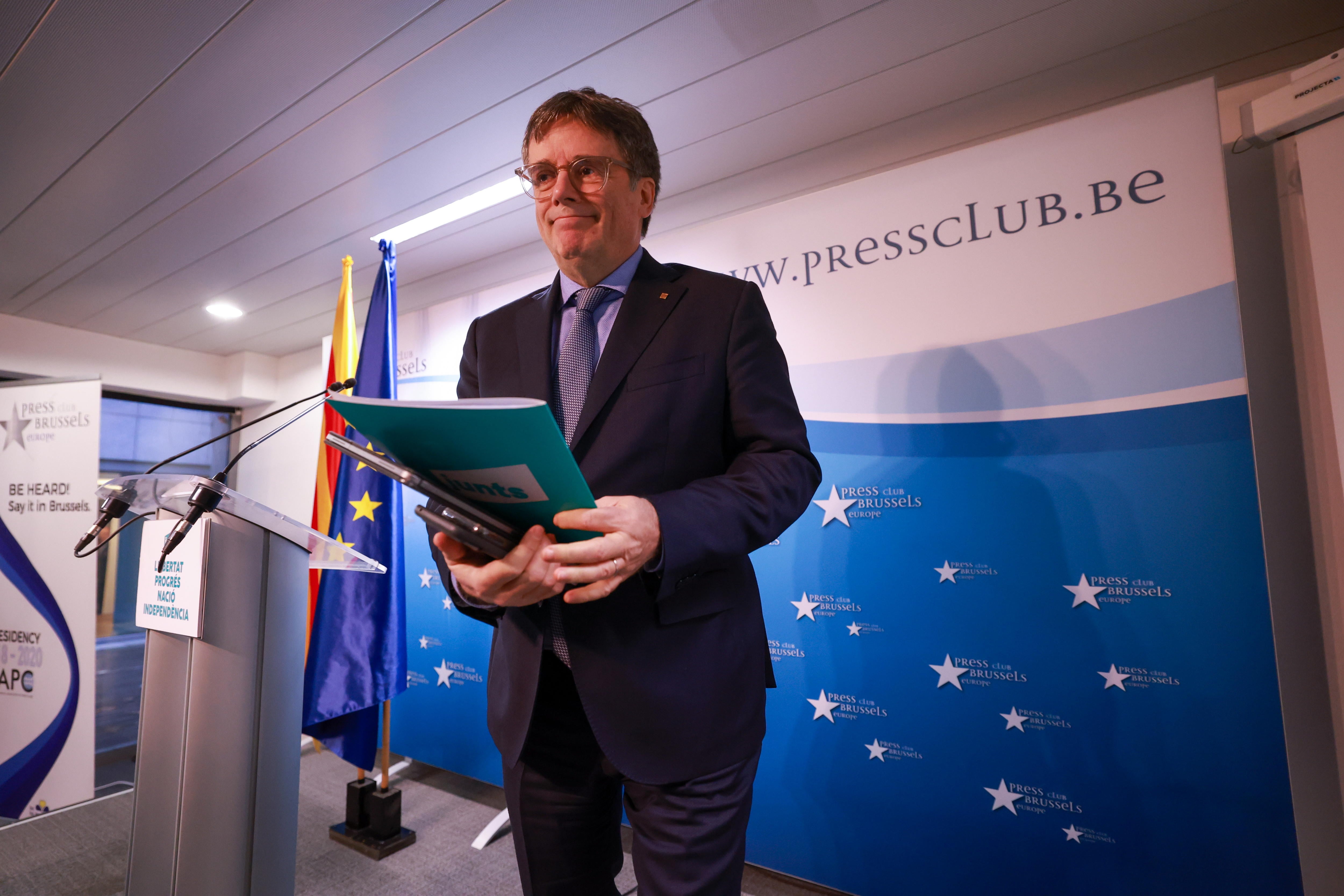 El presidente de Junts per Catalunya, Carles Puigdemont, en una rueda de prensa en Bruselas, Bélgica